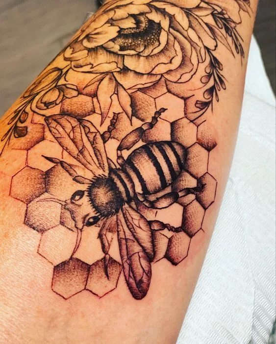 Bee with Hexagon Pattern Tattoo