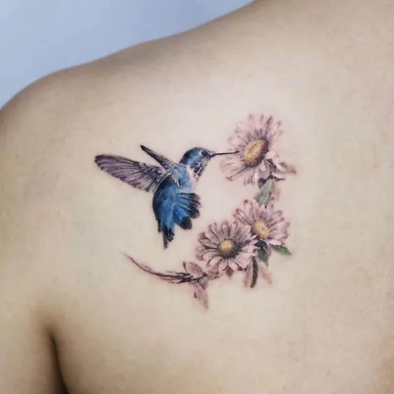 Hummingbird Tattoo with Flowers