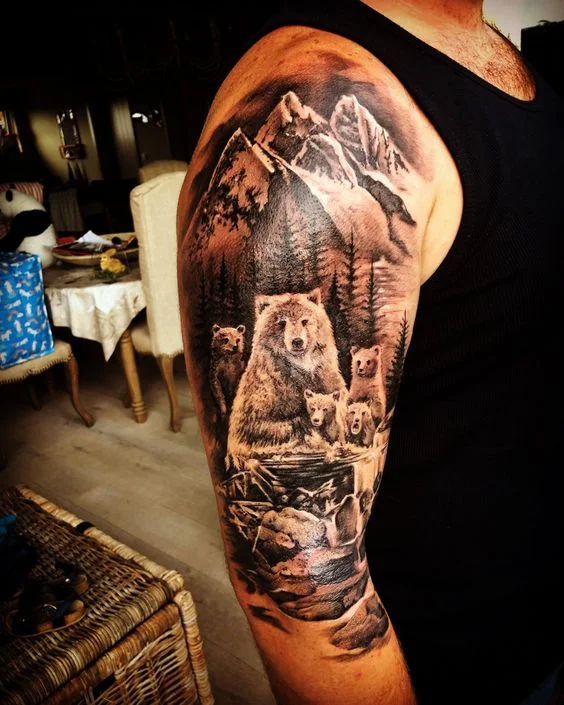 Bear with Mountain Scene Tattoo